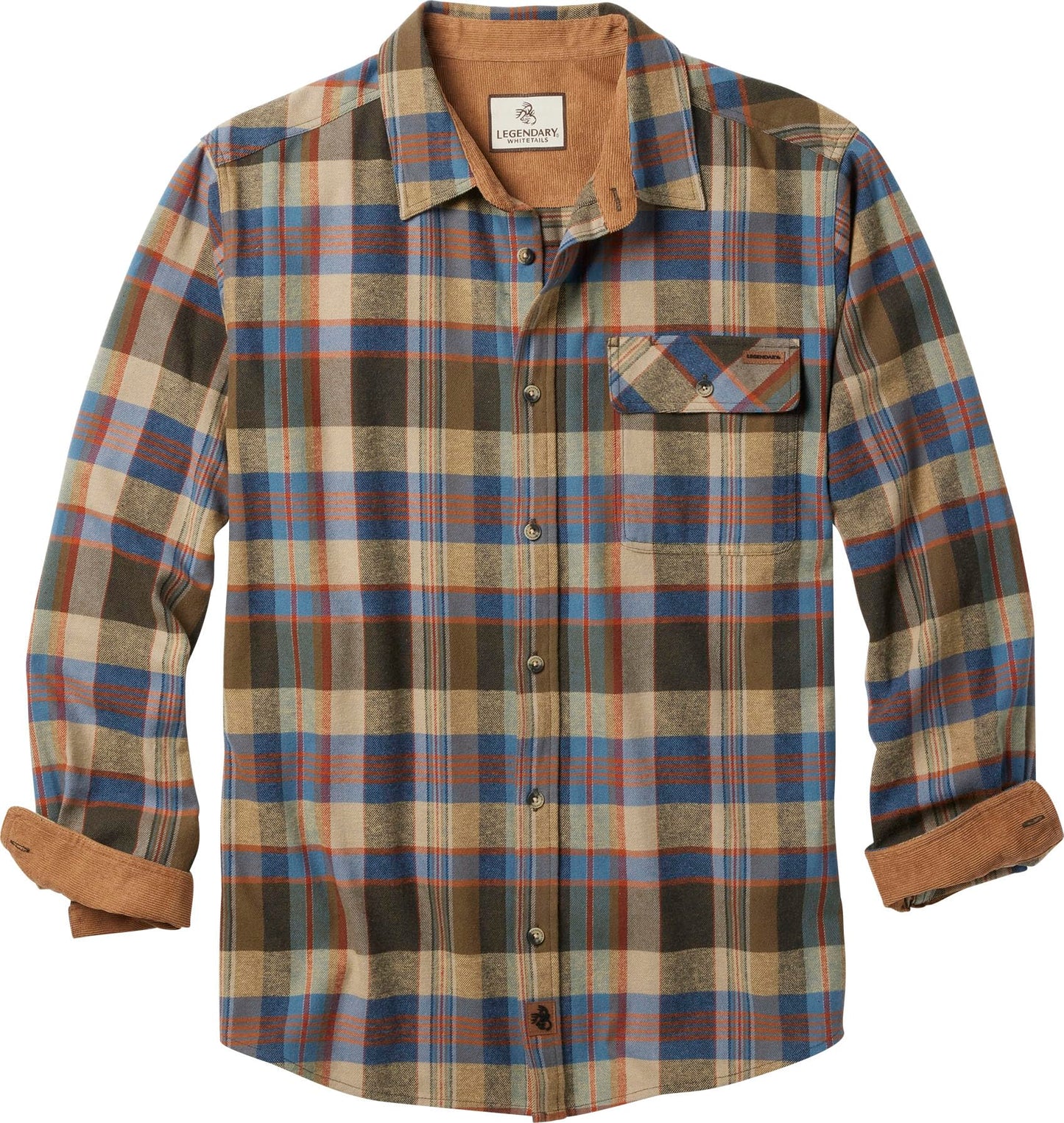 Legendary Whitetails Men's Buck Camp Flannel, Long Sleeve Plaid Button Down Casual Shirt, Corduroy Cuffs