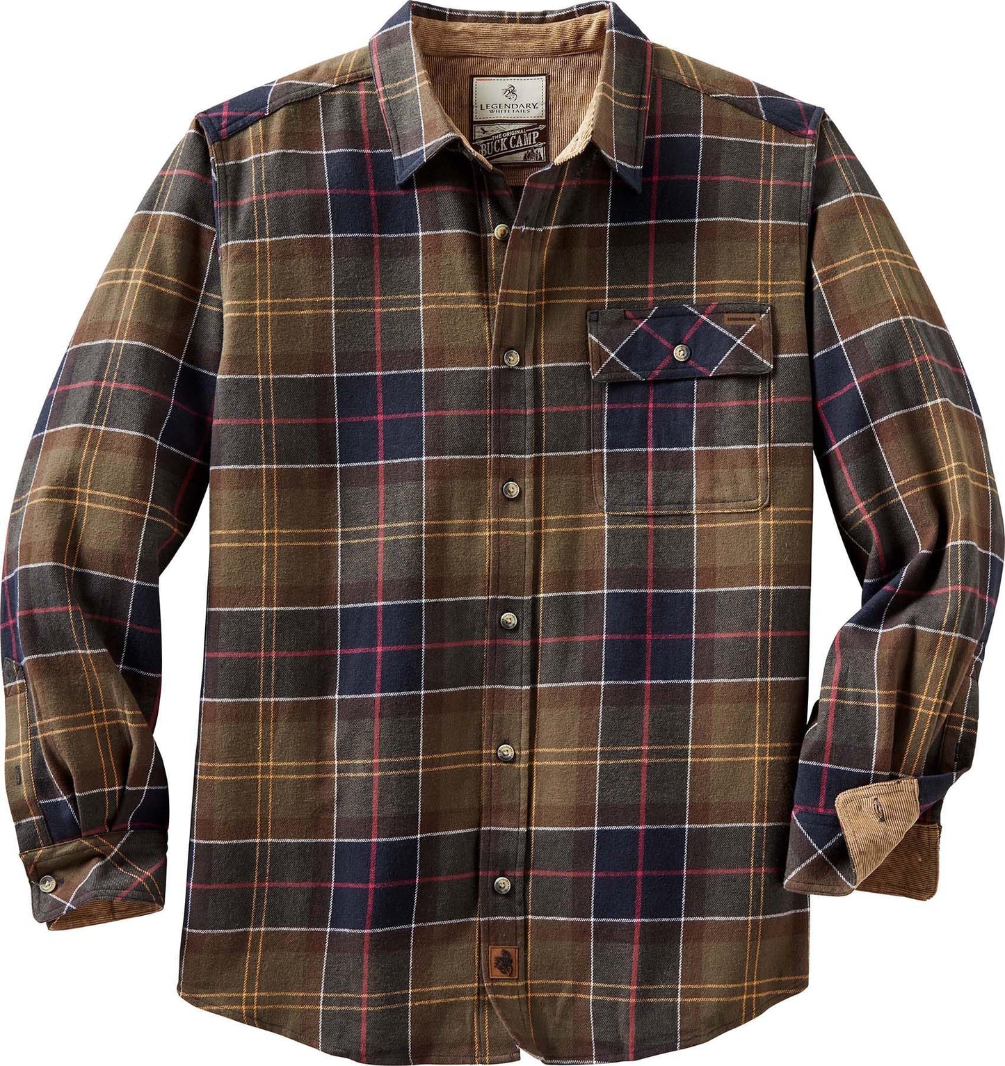 Legendary Whitetails Men's Buck Camp Flannel, Long Sleeve Plaid Button Down Casual Shirt, Corduroy Cuffs