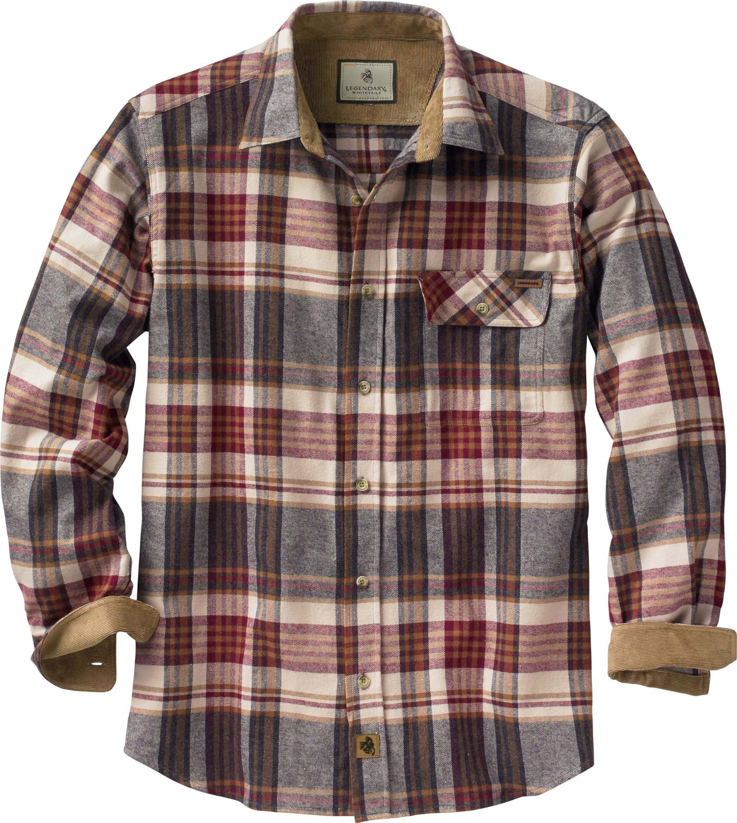 Legendary Whitetails Men's Buck Camp Flannel, Long Sleeve Plaid Button Down Casual Shirt, Corduroy Cuffs