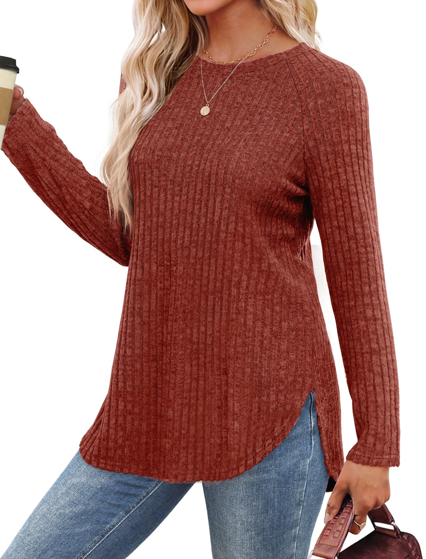 Saloogoe Long Sleeve Shirts for Women Tunic Tops for Women Loose Fit Dressy Crew Neck Pullover Basic Sweaters for Women 2024