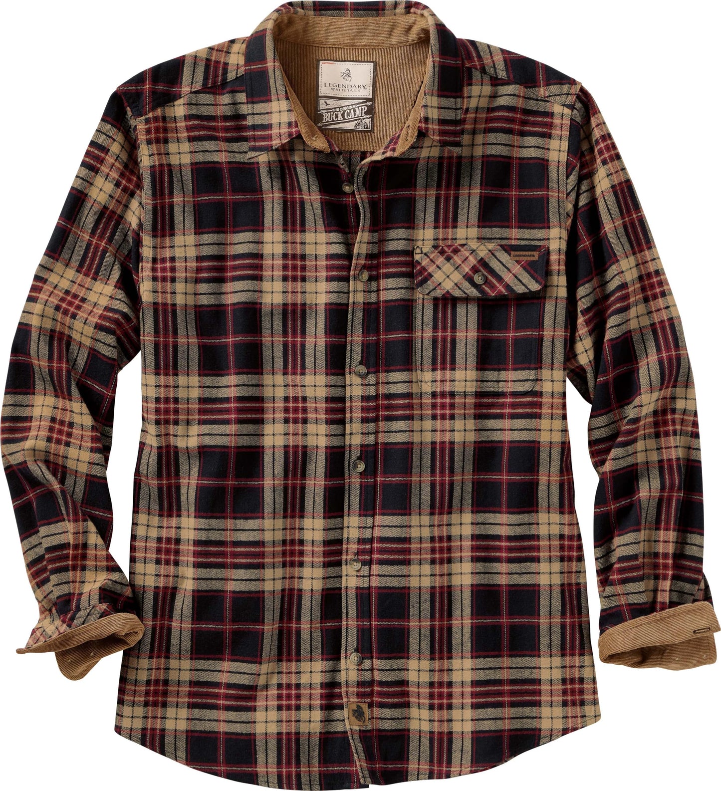 Legendary Whitetails Men's Buck Camp Flannel, Long Sleeve Plaid Button Down Casual Shirt, Corduroy Cuffs